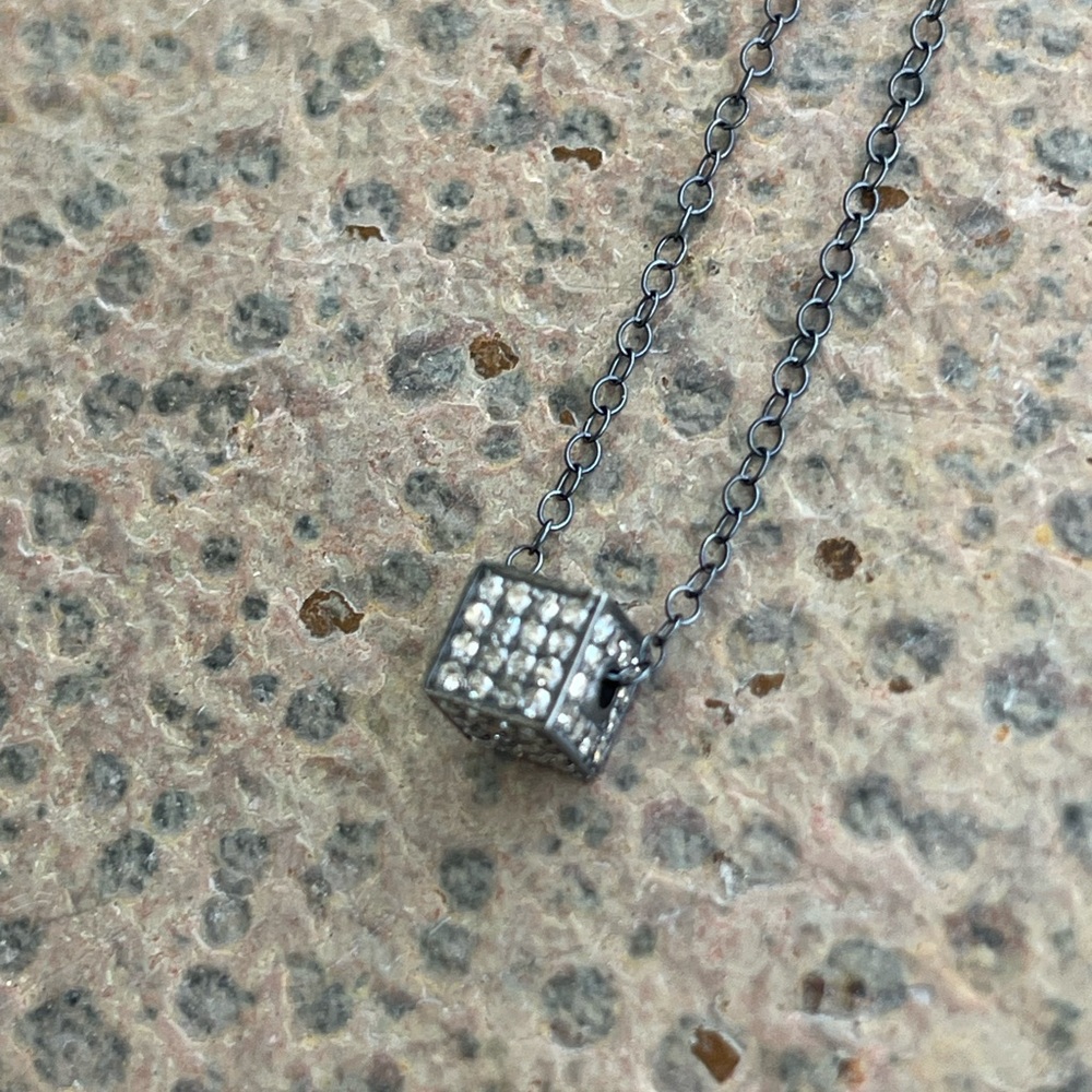 Sterling Silver 925 Diamond square cube Pendant Necklace 17.5” long